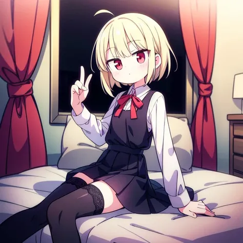 ((True best masterpiece, Ultimately perfect quality, Extremely delicate details)), A slender blonde girl with flat chest, With short straight hair, Red eyes, Wearing a black dress shirt, Wearing a black pleated skirt, Lace stocking, Sitting in her room