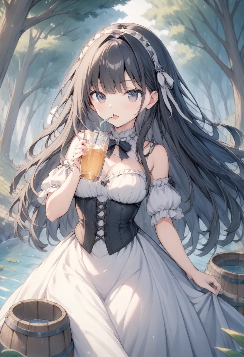  anime picture、 water flowing out of the barrel 、 a small amount of water 、 drinks all the water that flows out 、Drink water、 drink with the mouth wide open 、 there is no zero water 、 is holding a barrel high with both hands、One barrel 、Surrounded by fores...