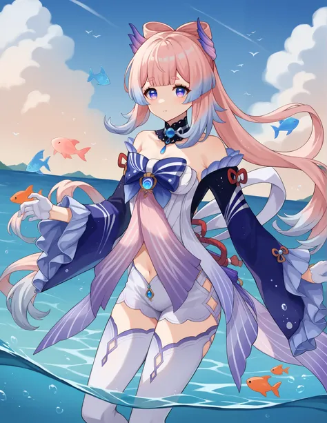 score_9, score_8_up, score_7_up, source_anime,
kokomisangonomiya, kokomi sangonomiya, long hair, bangs, hair ornament, purple eyes, pink hair, sidelocks, multicolored hair, blunt bangs, gradient hair, bow-shaped hair,
thighhighs, gloves, long sleeves, bow,...