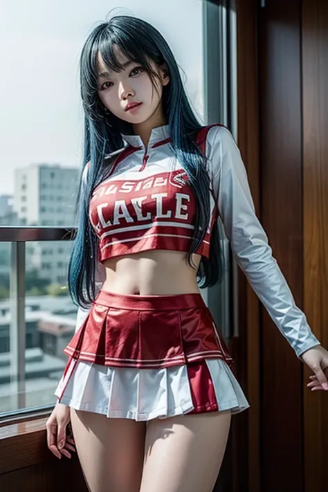 Asian girl with long blue hair cheerleader in red and white outfit with short skirt, with a faint view of their panties