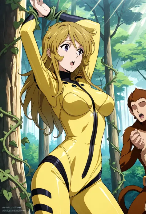 (masterpiece, best quality), , 1girl, fyuk1, solo, mori yuki, blonde hair, purple eyes, long hair, yellow_bodysuit , a surprised face, open mouth, looking away, head up, outdoor, day, forest, standing, arms up(vines, tied), 1girl, 1boy (faceless, monkey bo...