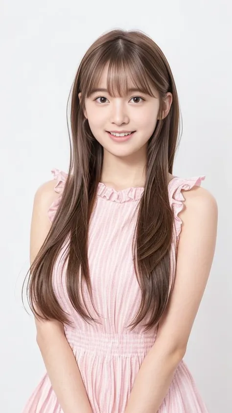 ( best quality:1.5), ( real :1.4), (ultra super detail:1.4), (1idol girl ), (19-years-old idol girl), (cute idol face with droopy eyes:1.2), (big breasts), (Japanese idol cute ruffle pink dress), (long light brown hair with bangs), (bangs), (idol's amazing...