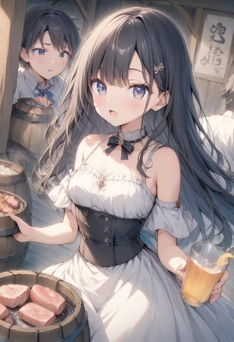  anime picture、 petite woman 、 black hair、Waist-length hair、 Pure White Dress、 is holding a barrel high with both hands、 water flowing out of the barrel 、 a small amount of water 、樽から流れ出るDrink water、Drink water、 drink with the mouth wide open 、 there is no...