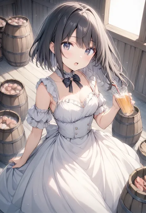  anime picture、 petite woman 、 black hair、Waist-length hair、 Pure White Dress、 is holding a barrel high with both hands、 water flowing out of the barrel 、 a small amount of water 、樽から流れ出るDrink water、Drink water、 drink with the mouth wide open 、 there is no...