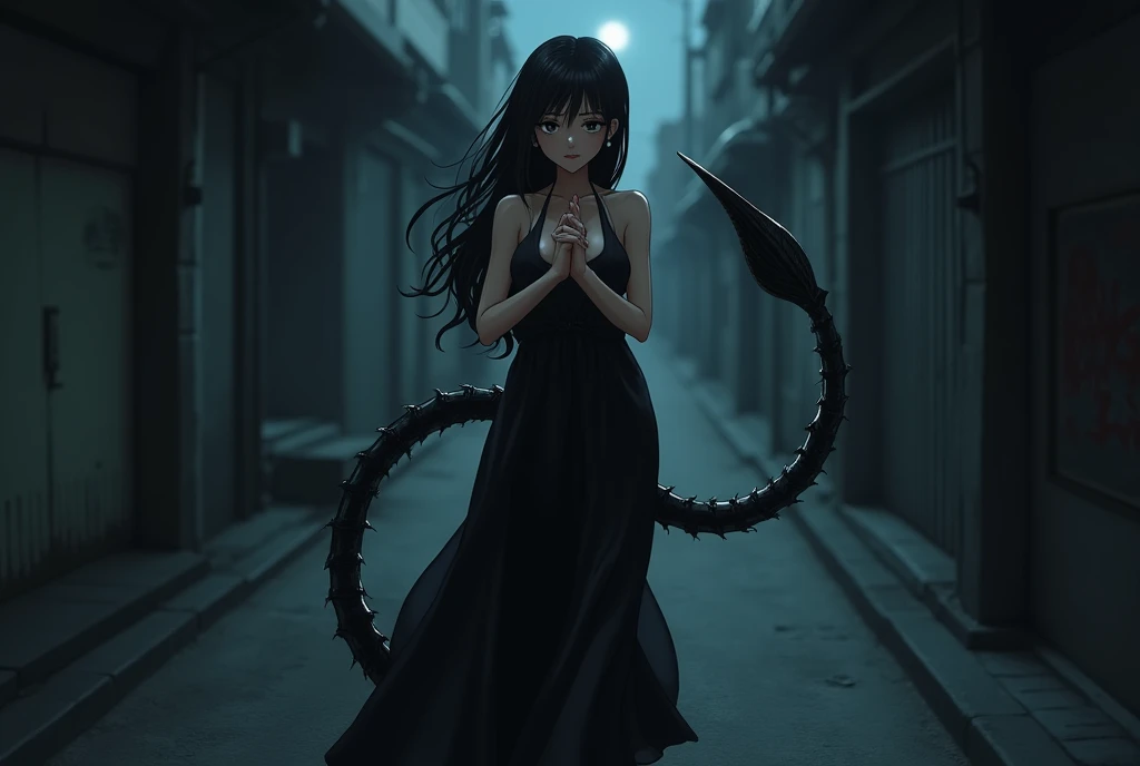 Anime style，loose black dress， Pretty Woman ，The black scorpion tail extends out from behind，night，Fingers crossed， walks in an uninhabited alley，C cup