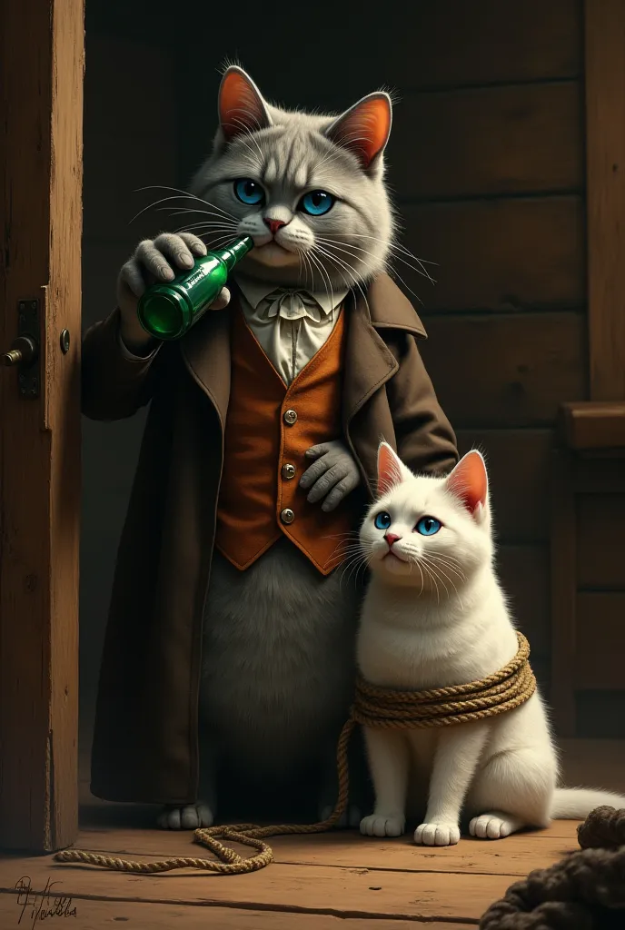 "A realistic, cinematic-style digital painting of two anthropomorphic cats in a dimly lit wooden cabin. The larger cat has gray fur, a serious expression, and wears an old-fashioned brown vest and coat. He is drinking from a green bottle while holding a ro...