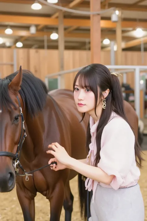 "A Japanese woman in traditional riding clothes is caring for a horse in a stable. She is gently brushing the horse's coat, with a focused and calm expression. The stable is well-lit, with hay scattered on the floor and wooden beams in the background. The ...