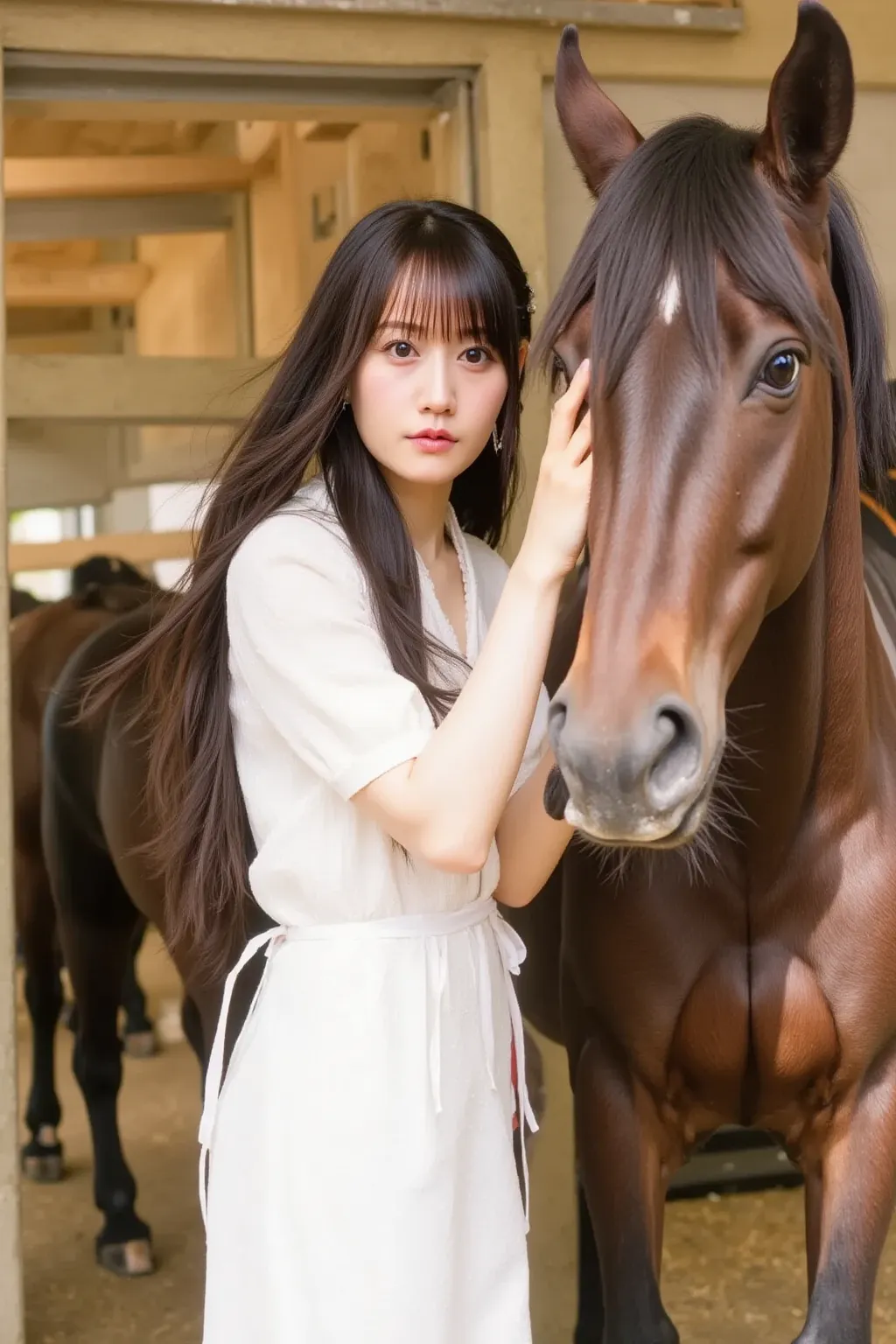 "A Japanese woman in traditional riding clothes is caring for a horse in a stable. She is gently brushing the horse's coat, with a focused and calm expression. The stable is well-lit, with hay scattered on the floor and wooden beams in the background. The ...