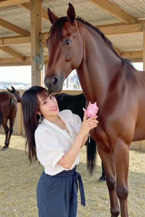 "A Japanese woman in traditional riding clothes is caring for a horse in a stable. She is gently brushing the horse's coat, with a focused and calm expression. The stable is well-lit, with hay scattered on the floor and wooden beams in the background. The ...