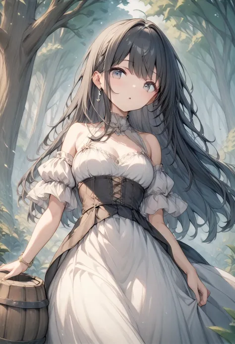  anime picture、 petite woman 、 black hair、Waist-length hair、 Pure White Dress、 holding up a barrel with both hands、Drinking water from a barrel 、No bottle 、One barrel 、Surrounded by forest、There's no water around 、Image Creation