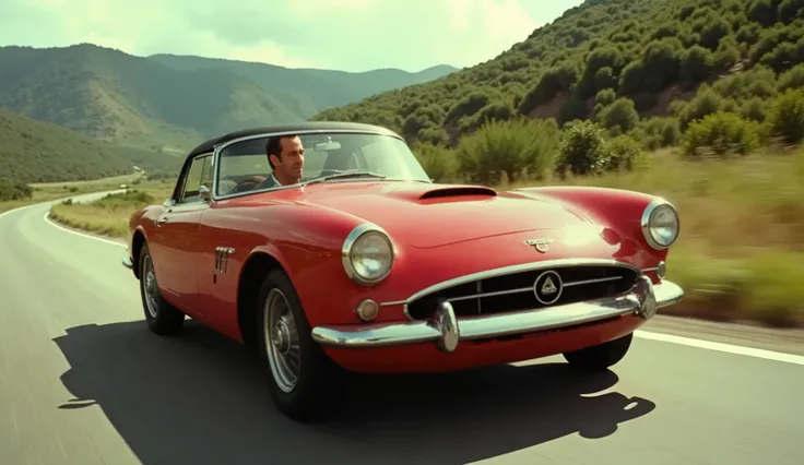 red open-topped Sunbeam Tiger, driving down the road, firing a High-velocity .50-caliber machine gun under hood, Don Adams as Maxwell Smart is driving