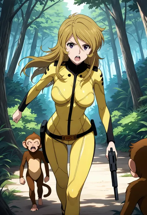 (masterpiece, best quality), , 1girl, fyuk1, solo, mori yuki, blonde hair, purple eyes, long hair, yellow_bodysuit , a angry face, open mouth, looking at viewer , outdoor, day, forest, walking, gun, holding gun,point a gun, 1girl,1boy (faceless, monke...