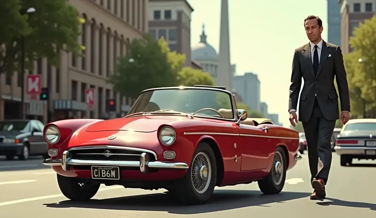 red open-topped Sunbeam Tiger, Don Adams as Maxwell smart walking up to a car on the side of the road in Washington D.C., wearing a smart looking suit,