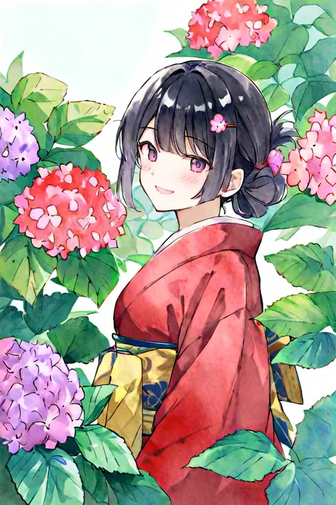  高画質  high quality より精密に 8k 女の子　 Japanese Clothes　  red kimono　  Japanese pattern 　Japanese Umbrella　   long dark hair　  cute smile 　  high quality　Red flower hairpin 　watercolor　hydrangea background  