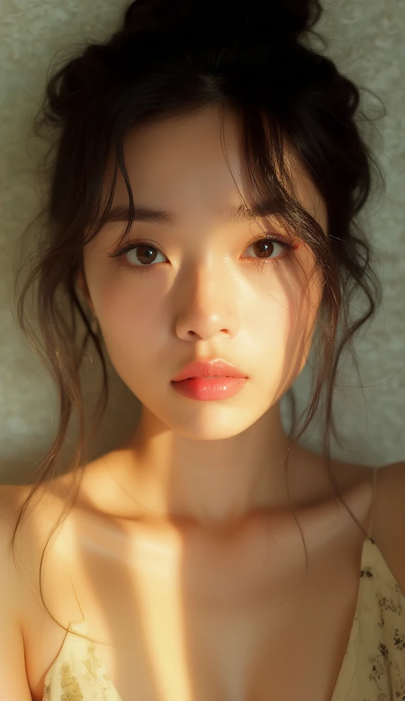 "A close-up portrait of a young asian woman with a natural and slightly messy hairstyle, with her hair tied up in a loose bun while some strands fall gently around her face. Her eyes are almond-shaped with a soft gaze, featuring natural, slightly arched ey...