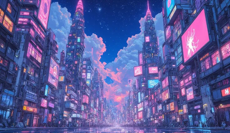 Precise depiction,
Super-detailed depiction,
The style is like the manga Akira,
The overall use of light colors,
A cityscape dazzled by cyberpunk neon lights,
Night view,
neon, starry sky,
Cyberpunk,