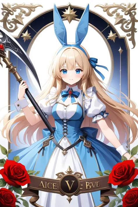  best quality,   super high resolution、(( girl))、 garden with lots of red roses、 holding a big scythe 、 long blonde, blue eyes,Bunny ears、Rabbit、Alice、 blue headband、tarot card pattern