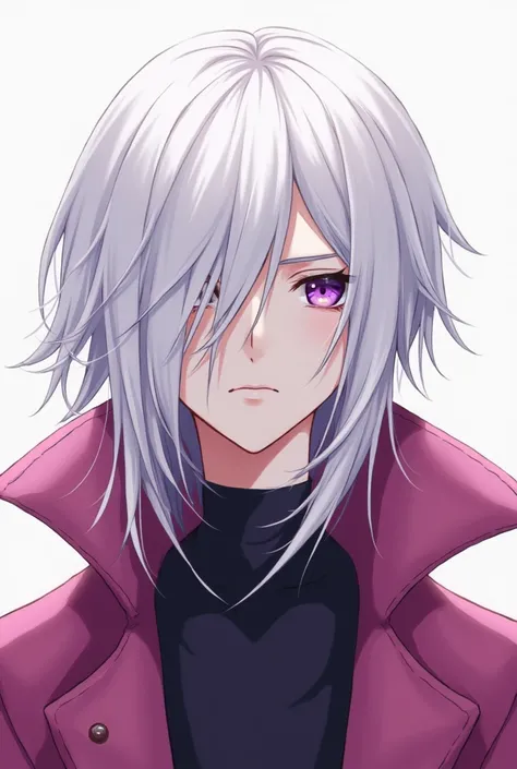 A Teenager with violet eyes and white hair covering one eye, he has a dark pink coat  un anime style