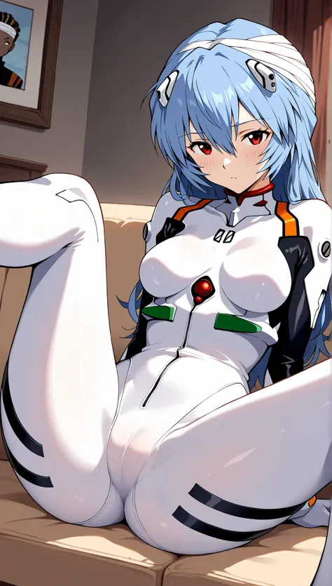 high resolution picture, masterpiece, best quality, amazing quality,  solo, 1girl,  seductive face, seductive pose, (ayanami rei, evangelion, blue hair, red eyes, wearing white plug suit), sitting on a sofa, sitting with her legs open, hair with thick drea...