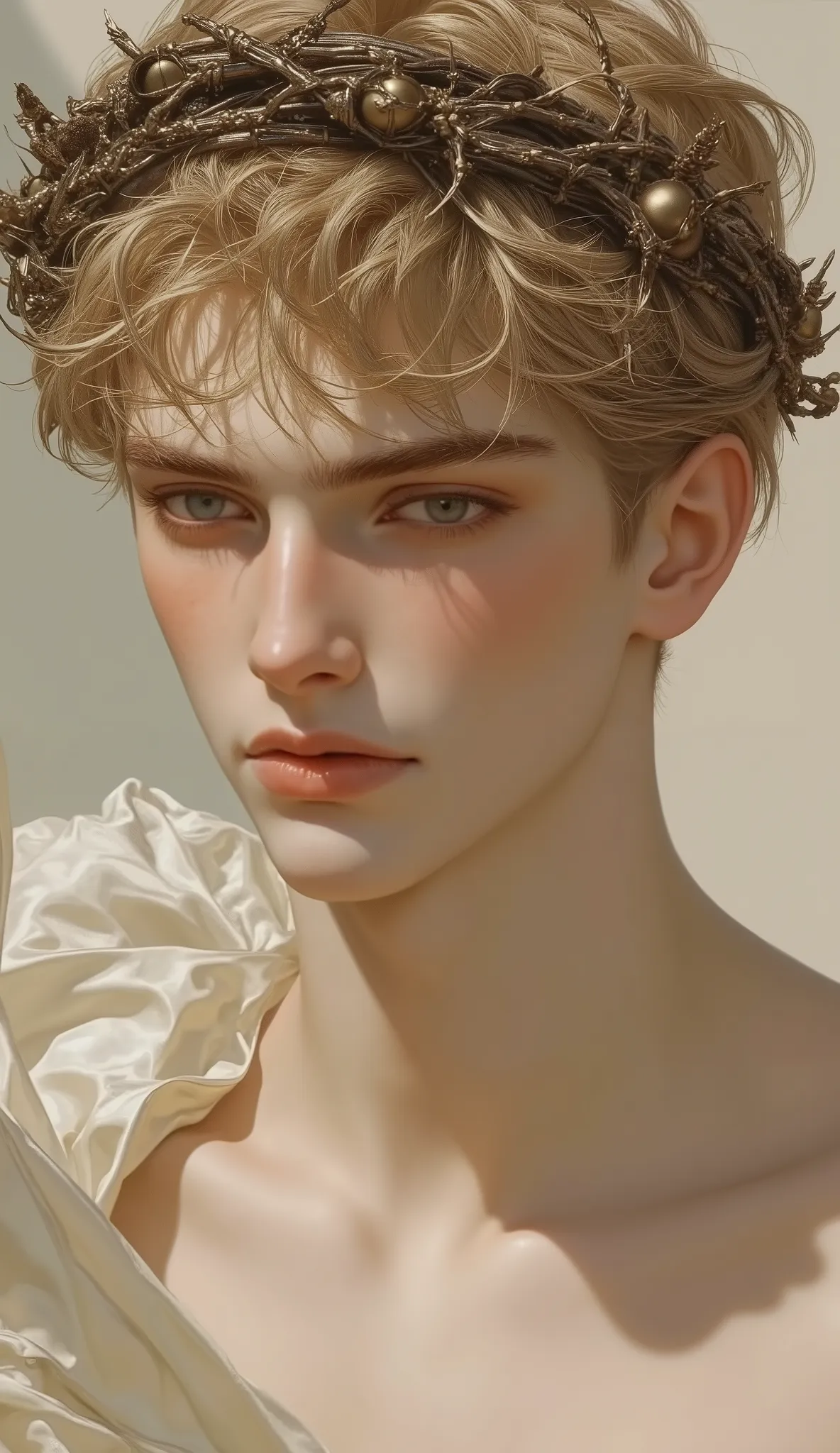 Antinous. The most beautiful boy Who is fair wears grapevine wreathes in hair, Blonde Balayage hair, blue doe eyes and clean shaved, young, semi nude.