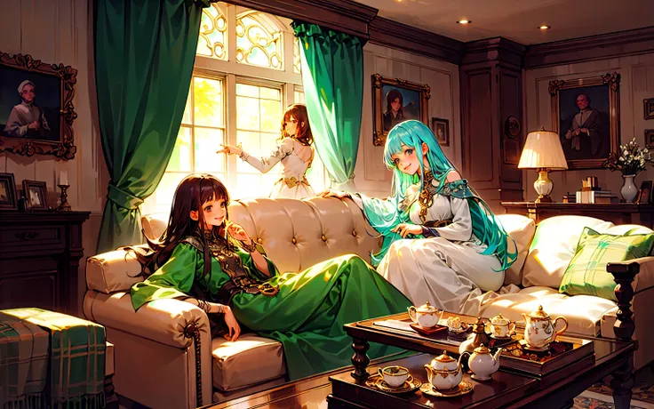  girls on the left、 Otherworld、 fantasy、Celtic costume 、Illustrations that tell the story、smile、 laughs、Inside the castle、Castle Room、One room、Princess and prince drinking tea on the couch