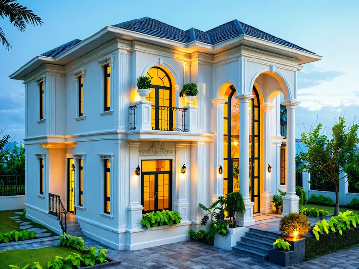 neo classical villa on street, (sunset), tropical tree, vivid colour, streetcapes, black detail, white wall, large glass door, warm interior lighting, wood and marble, best quality,