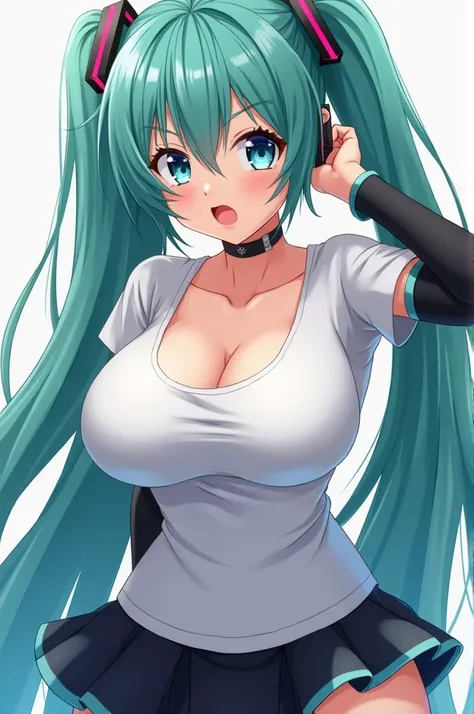 hatsune miku,  big boobs,  short white t-shirt, black pleated skirt