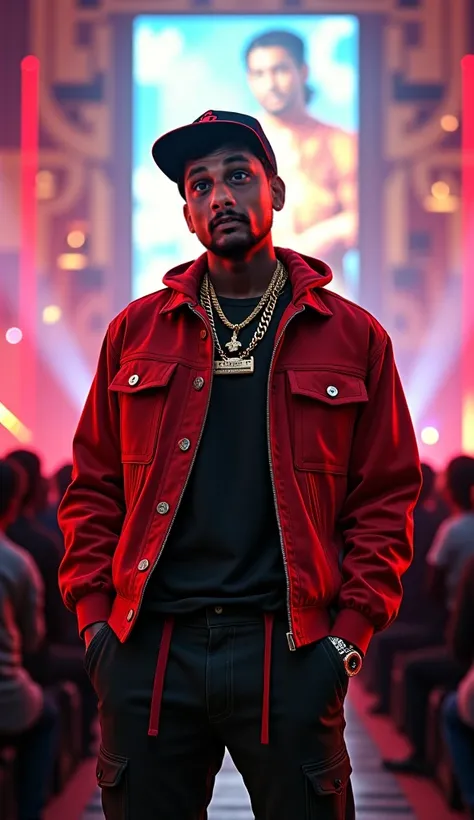 Create a young rapper who is standing Looking at the camera he is in gold chains with a stylish cap there is the rapper behind there is an audience behind a detailed epic photorealistic stage 8k