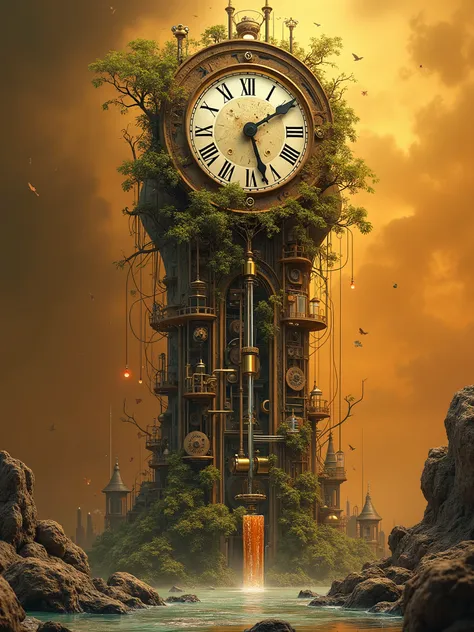 Steampunk clock tower melting into cream, digital vines growing on ancient gears, liquid time flowing in glass pipes, surrealism by Salvador Dali, warm amber lighting 