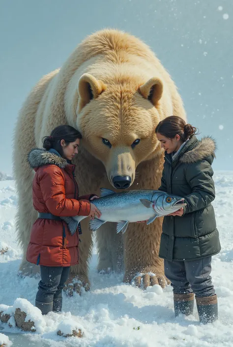 **"In a vast, frozen landscape covered in snow and ice, two young women gently offer a large fish to a golden-colored bear. The bear, recently freed and bandaged, looks weak but grateful as it takes the fish with its massive paws. Its fur is still stained ...