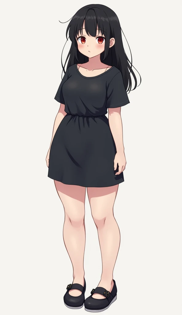 1 girl (appearance: medium straight black hair,  red eyes,  pale skin, robust physical build,  small breasts ,  thick thighs, caderas anchas, average height) (Clothing: Tight casual dark dress, shoes) ( full body plane)  illustration, anime style 4k,  Prec...