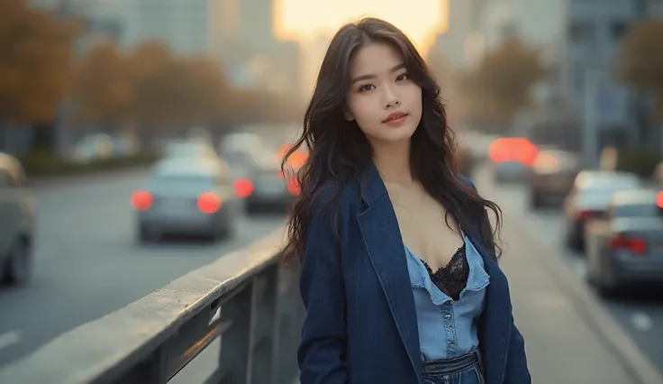 "A stylish young Asian woman with an elegant yet confident aura, standing on a pedestrian bridge overlooking a busy city street. She wears a navy blue denim blazer paired with matching high-waisted jeans. Underneath, she sports a light blue ruffled denim s...