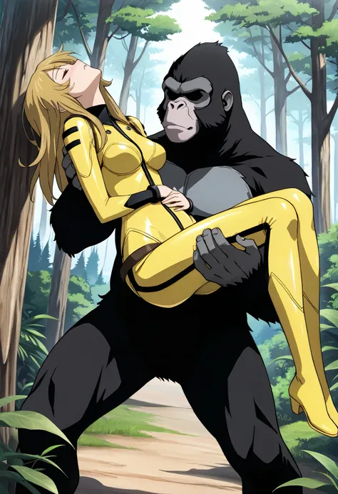(masterpiece, best quality), , 1girl, fyuk1, solo, mori yuki, blonde hair, closed eyes, long hair, yellow_bodysuit , blank face, parted lips, looking away, head back, passed out and sleeping, nose blush, blush, outdoor, day, forest, carrying, hands o...