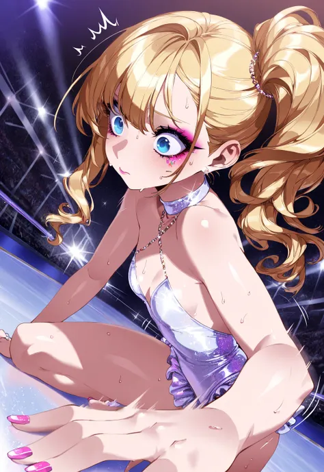 (sfw:1.5), makeup gyaru, cool beauty, solo girl, light skin, fairy_wing, glitter white costume, figure_skating, gold hair, high side ponytail, slender, small breast, nervous, perspective, from side, motion lines, sweat, motion blur, slip, wide-eyed, hand o...