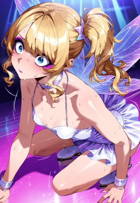 (sfw:1.5), makeup gyaru, cool beauty, solo girl, light skin, fairy_wing, glitter white costume, figure_skating, gold hair, high side ponytail, slender, small breast, nervous, perspective, from side, motion lines, sweat, motion blur, slip, wide-eyed, hand o...