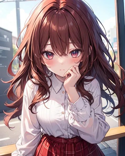  Woman, Long reddish brown hair, Eyes blush crimson.  pale skin like porcelain. Casual clothing  