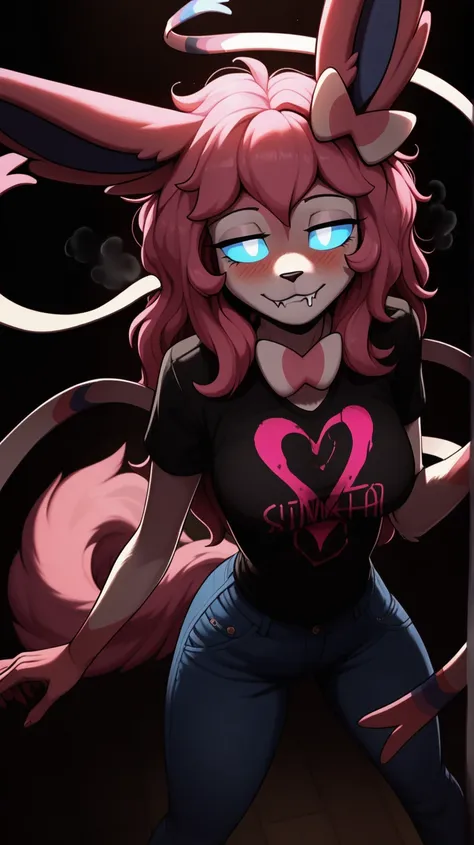 Lovesick expression, lovesick, 1girl, anthro, furry, fur, fluffy fur, fluffy big fluffy pink tail, sylveon girl, pink hair, medium/long hair, soft/messy hair, (19 years), white eyes, blue sclera, glowing eyes, fangs, biting lip, half-closed eyes, drooling,...