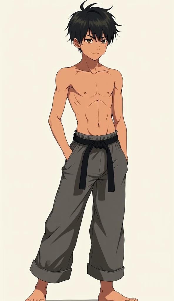  a boy (appearance:  short and smooth black hair , brown eyes,  tanned skin,  slim and athletic build, 1,78m tall,  25 years) (Clothing:  naked torso, karate pants) ( full body plane)  illustration, anime style 4k,  Precise,  super detailed ,  tall details...