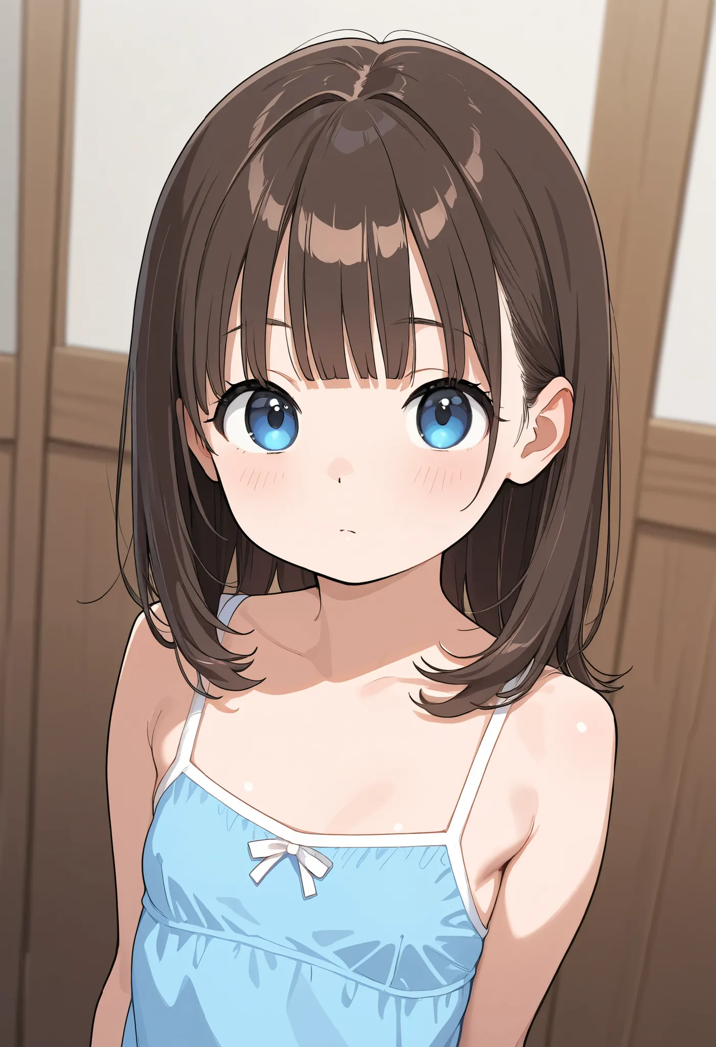 1girl, loli, small breasts, medium hair, straight bangs, brown hair, blue eyes