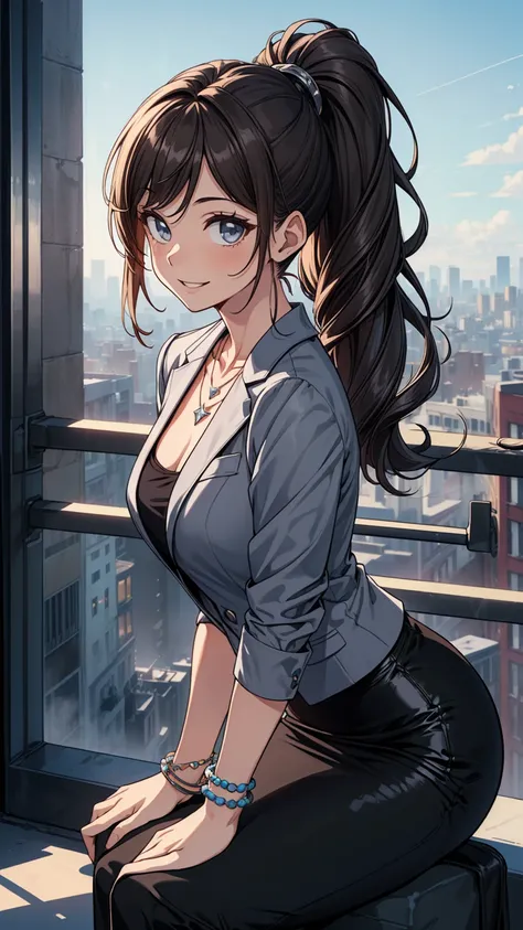 ((masterpiece, best quality:1.3, high detail)), beautiful business woman, smile, long wavy hair, (dark brown ponytail hair), hairpin, bright eyes, (gray blazer), (black pencil ((skirt)), (long skirt:1.1), necklace, bracelets, collarbone, heels, (lower body...