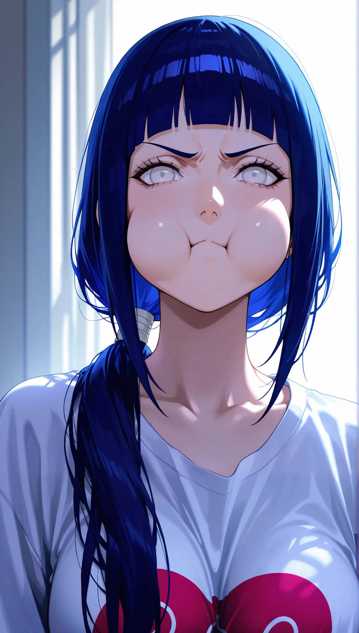 masterpiece, absurdres, close-up, upper body, beautiful woman, hyuuga hinata, naruto shippuden, blue hair, long hair, low ponytail, blunt bangs, beautiful white eyes, looking at viewer, cute angry, frowning, puffy cheeks, oversized t-shirt, simple backgrou...