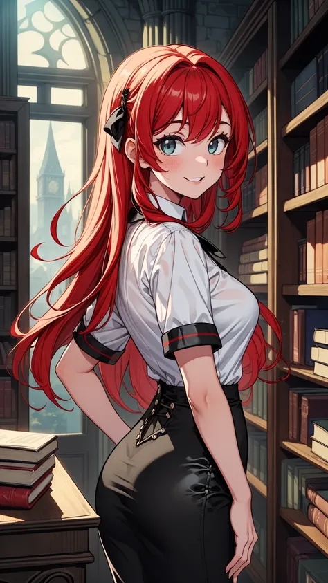 ((masterpiece, best quality:1.3, high detail)), (1girl), beautiful woman, wide-eyed, smile, solo focus, long hair, (red hair), ((white collar shirt short sleeves)), neck ribbon, (black midi pencil ((skirt))), (((long black skirt))), slim body, high-waist s...