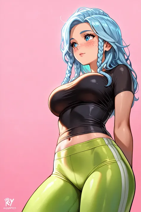 ((masterpice)), ((best qulity)), ((highres, absurdres)), ((detailed)), anime, 1girl, solo, from below, loli, detailed face, , large breasts, , , , black compression shirt, green leggings, dreadlocks, light blue hair, , , , , (country background, pink backg...