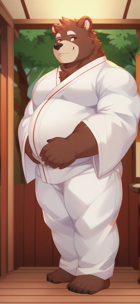 Solo , Tall male , Big body , Position, Standing , Miko shrine , bear grizzly, White Kimono Shirt Miko Red Kimono Pants Miko, Overweight , Muscular Band, Smile, Written by Chuni