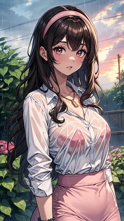 ((masterpiece, best quality:1.3, high detail)), beautiful woman, parted lips, long wavy hair, (dark brown hair), hairpin, ((white collar shirt)), (long pink pencil (skirt)), black hairband, necklace, bracelets, collarbone, outdoors, garden, (rain, cloudy s...