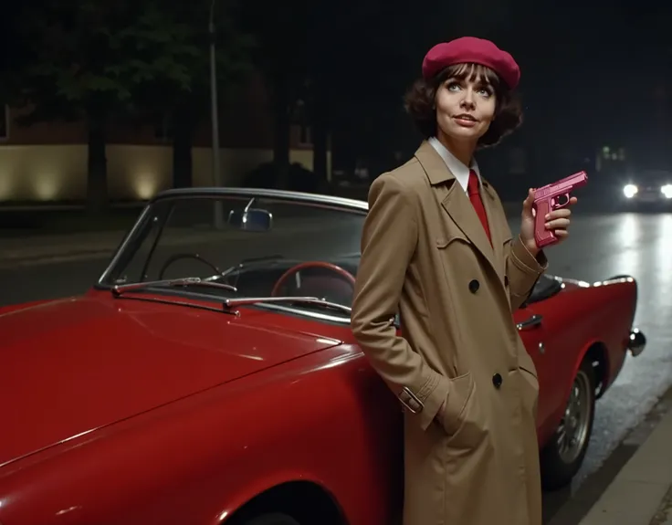 red open-topped Sunbeam Tiger, Barbara Feldon as Agent 99, 30 years old, by a car on the side of the road in Washington D.C., night, wearing a trench coat and a beret, holding a pink pistol