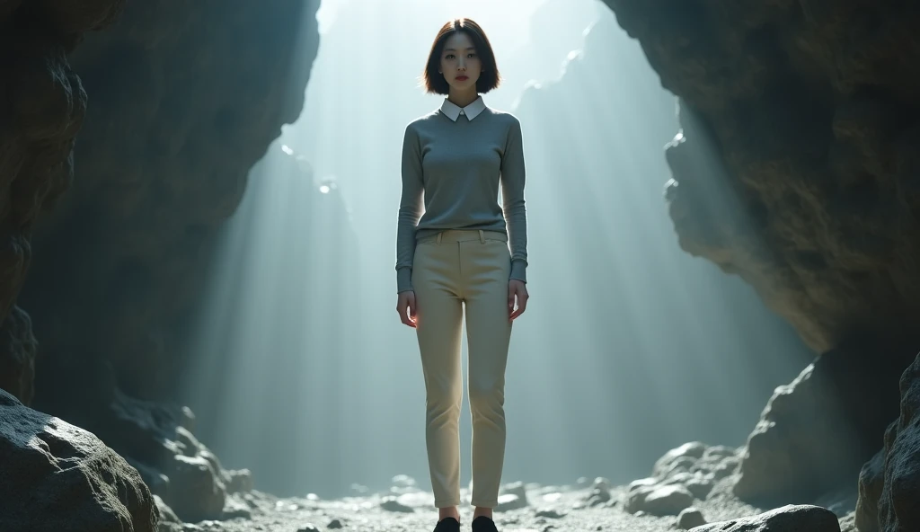 A tall korean woman named Sunjoo with shoulder-length short hair, parted to the left. She is wearing a light gray fit body sweater layered over a white collared shirt, cream-colored trousers, and black high heels..she stand at front cave,  Front camera ang...