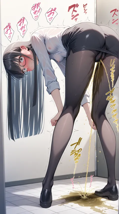 anime - style illustration of a woman in a white dress shirt and  black pencil skirt, anime character, official character art, full body, female anime girl, (reddish black long straight hair:1.5), (small breasts:1.5), (sweaty:1.2), glasses, in the restroom...