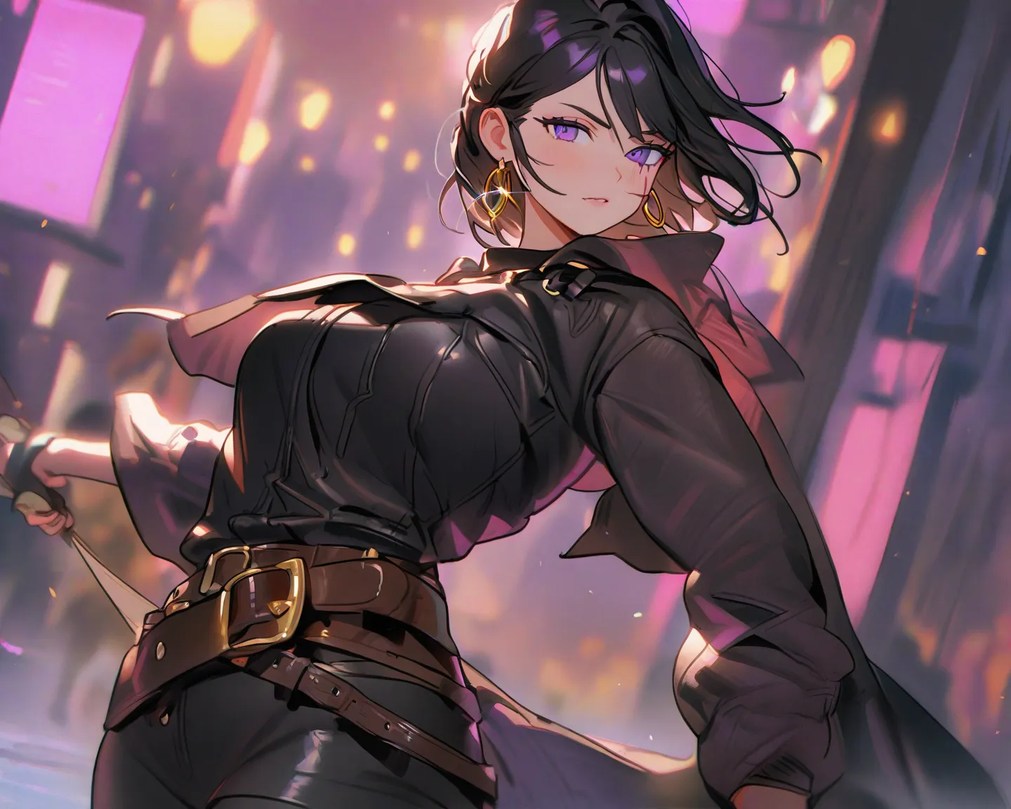 A 30-year-old adult woman ,  thief, brava   ,  with an eye scar,with black leather clothes with dark hair and purple eyes with gold earrings and a leather belt 