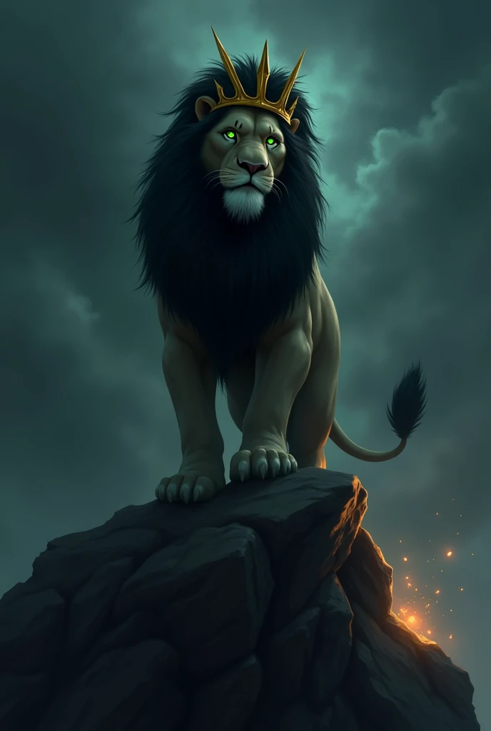  A dark and dramatic digital painting of Scar ,  the lion in The Lion King ,  standing on an irregular and serrated mountain .  Her expression is intense ,  a mixture of arrogance and despair ,  with penetrating green eyes that subtly glow in the gloom .  ...